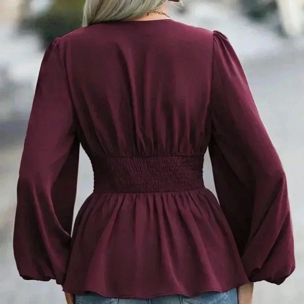 Burgundy Elegant Women's Pleated Lantern Sleeve Blouse - Picture 2 of 6